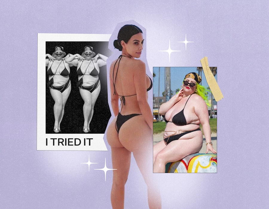 plus-size fashion blogger and influencer margie plus wears a black thong bikini from kim kardashian'...
