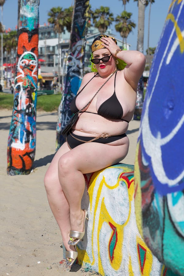 plus-size fashion blogger and influencer margie plus wears a black thong bikini from kim kardashian'…