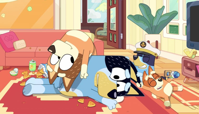The Heeler family in a pile on the living room floor in "Whale Watching" aka the 'Bluey' hangover ep...