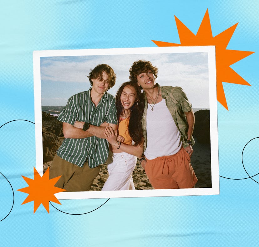 Christopher Briney, Gavin Casalegno, and Lola Tung wear clothes from the American Eagle The Summer I...
