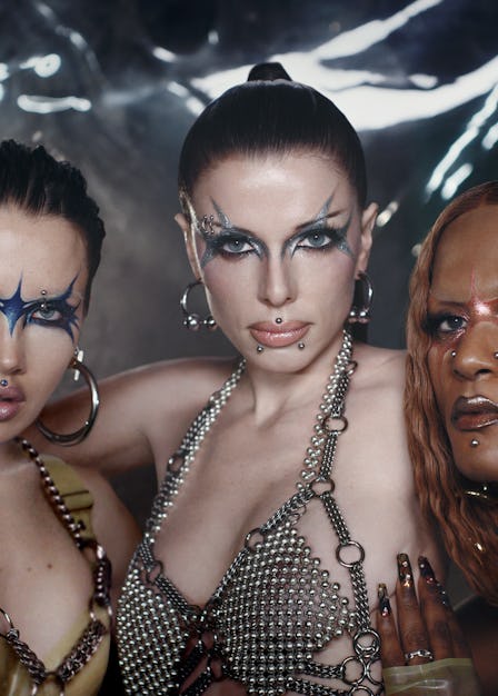 Isamaya Ffrench, Julia Fox and Richie Shazam wearing shimmering face makeup and latex outfits