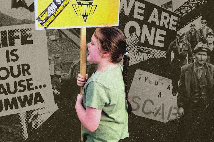 A photo of Averi Wright on the picket line; behind her is a collage of protest signs for a UMWA prot...