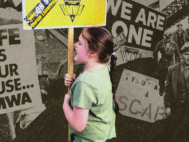 A photo of Averi Wright on the picket line; behind her is a collage of protest signs for a UMWA prot...