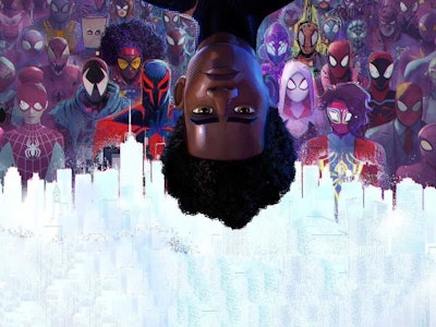Miles Morales hangs upside down in front of the Spider Society on a poster for Spider-Man: Across th...