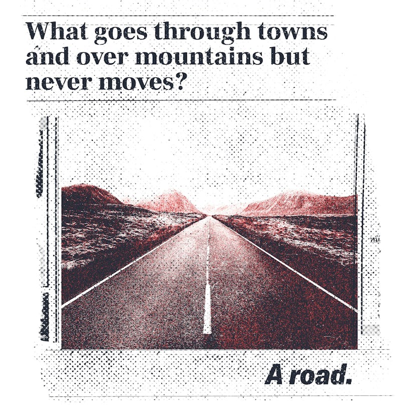 What goes through towns and over mountains but never moves? 