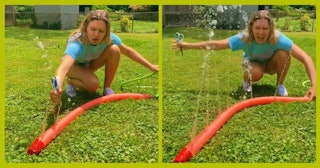A TikTok mom shows how she turns pool noodles into a DIY sprinkler.
