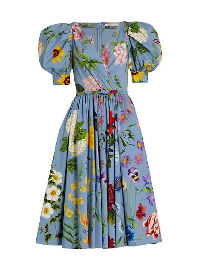 Oscar de la Renta Bright Floral Puff-Sleeve Dress