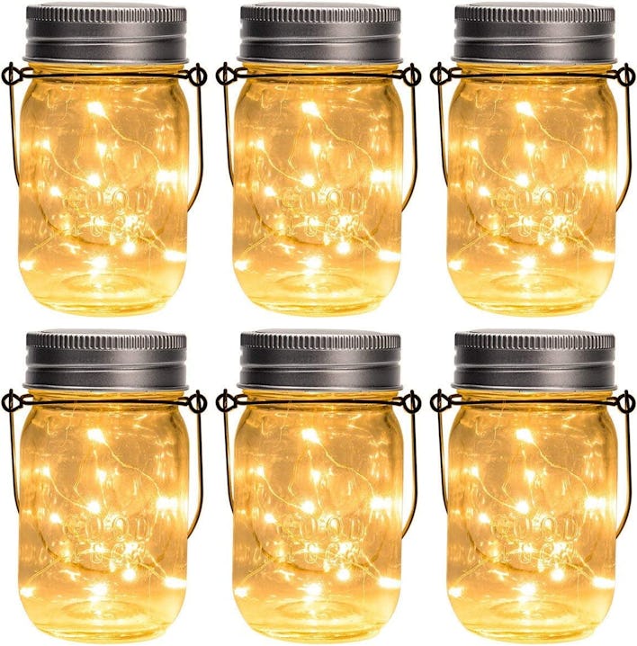 These solar-powered mason jar lights cast a warm glow on your outside walkway or patio.