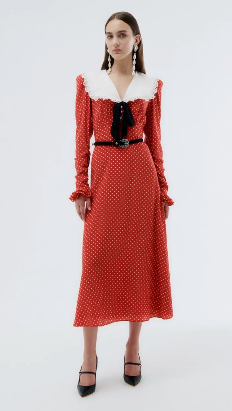 alessandra rich polka dot silk dress with collar red and white