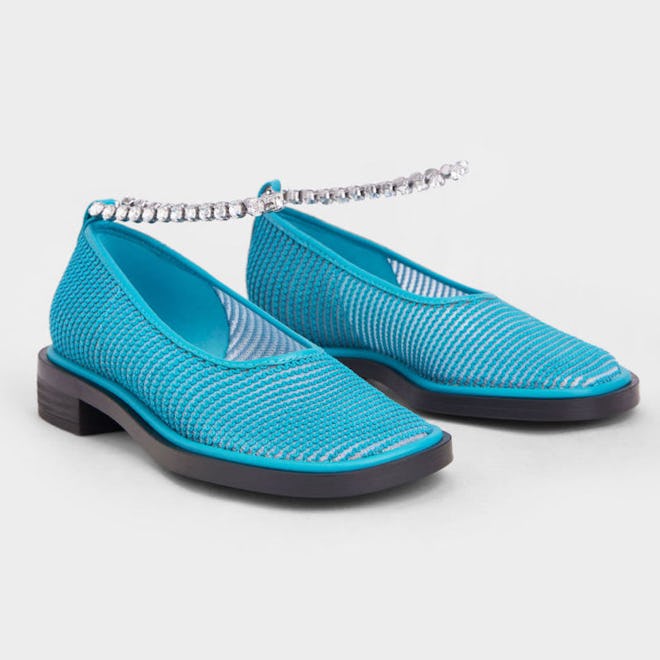 Gem Ankle-Strap Knit & Mesh Shoes Turquoise