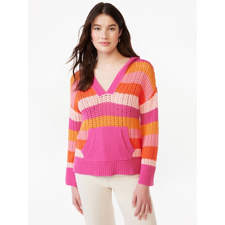 Women's Crochet Sweater Hoodie with Kangaroo Pocket