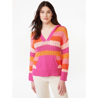 Women's Crochet Sweater Hoodie with Kangaroo Pocket