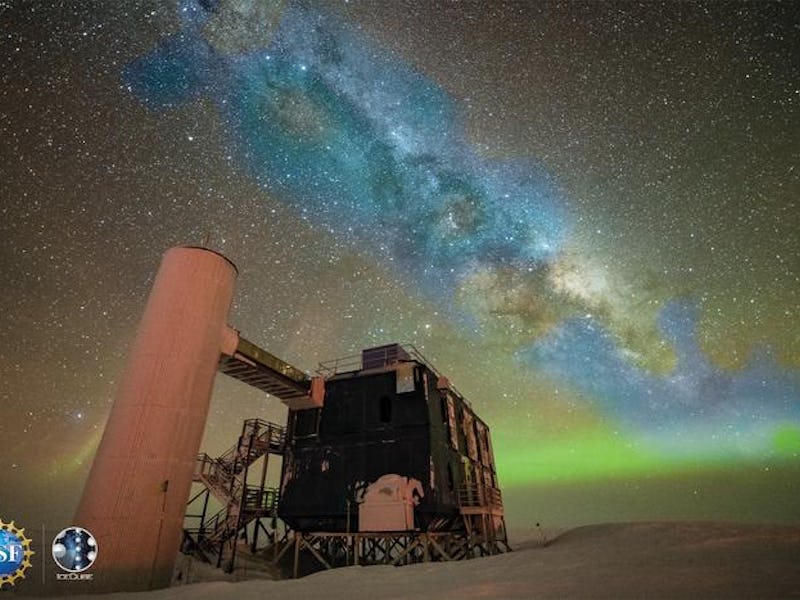 An artist's composite image of a photo of the above-ground portion of the IceCube Neutrino Observato...