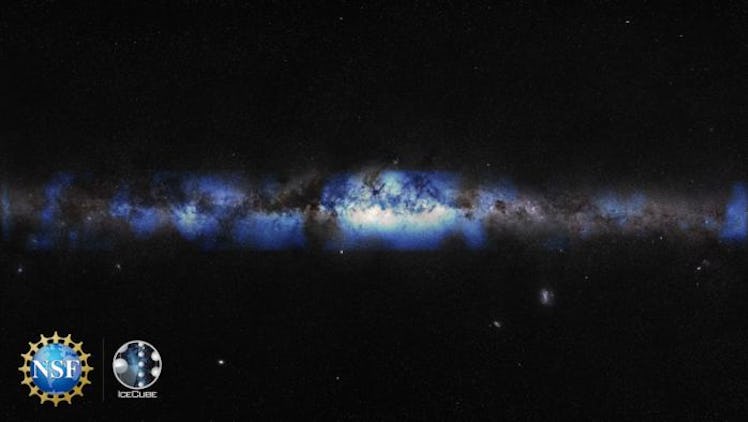 The murky view of the Milky Way shows dim optical light, and a glow of neutrinos. These subatomic pa...