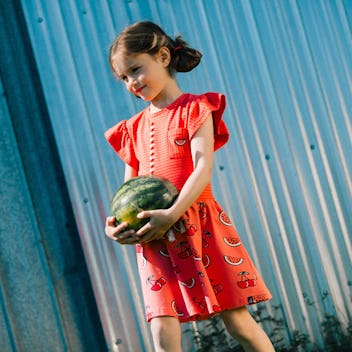 Organic Cotton Short Sleeve Dress Red Stripe & Coral Cherry Print