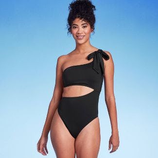 One Shoulder Bow Cut Out One Piece Swimsuit