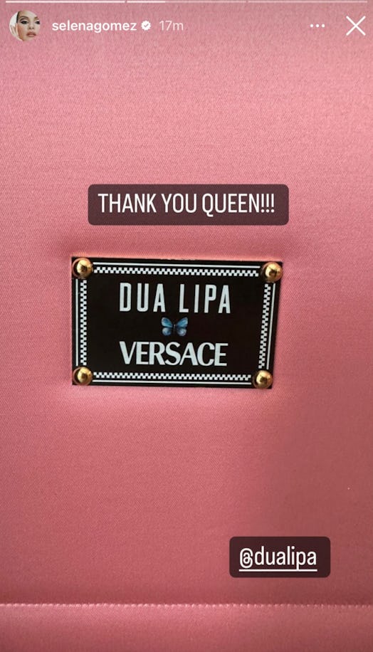 Selena Gomez posts a photo of Dua Lipa's Versace collaboration on her Instagram story.