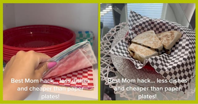 A woman shows how she uses paper liners and plastic trays to cut back on dishes.