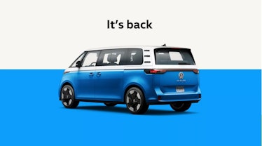 VW's new ID Buzz. It's blue and white and not your parent's mystery machine
