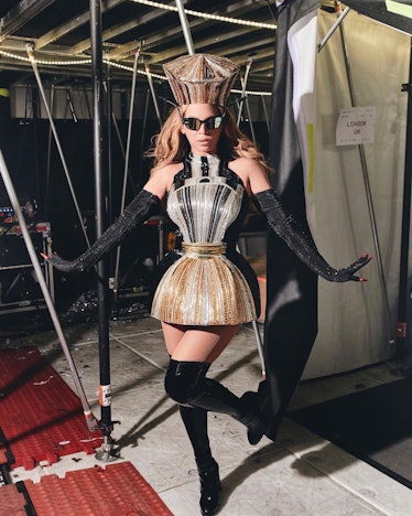 Beyoncé wears a custom Mary Katrantzou look during the London stop of her Renaissance world tour.