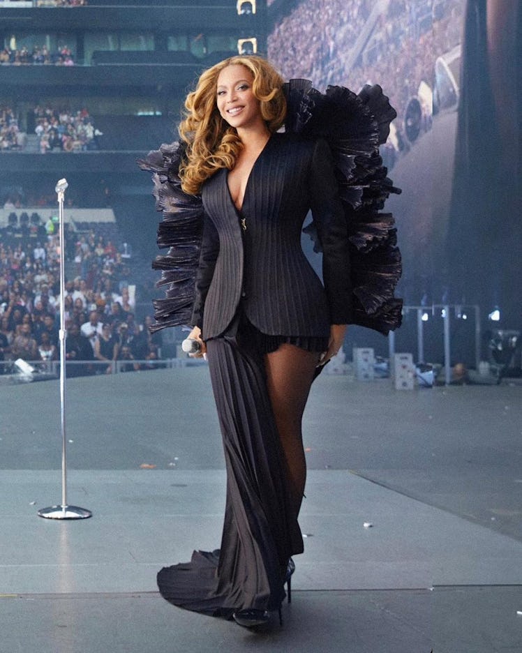 Beyoncé wears a custom Robert Wun look during the London stop of her Renaissance world tour.
