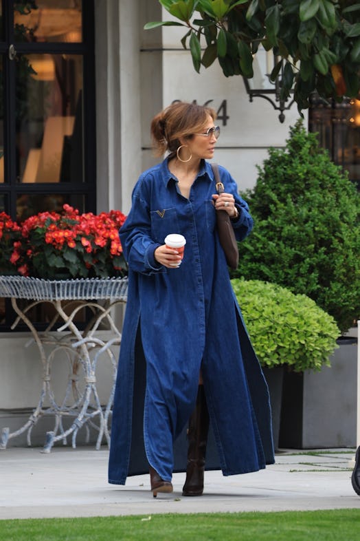Jennifer Lopez wears a denim chambray shirtdress while in Los Angeles.