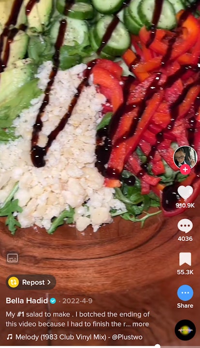 Bella Hadid shares her favorite salad recipe on TikTok. 
