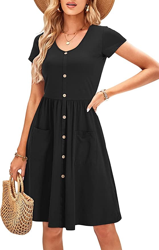OUGES Women&rsquo;s V Neck Button Down Skater Dress