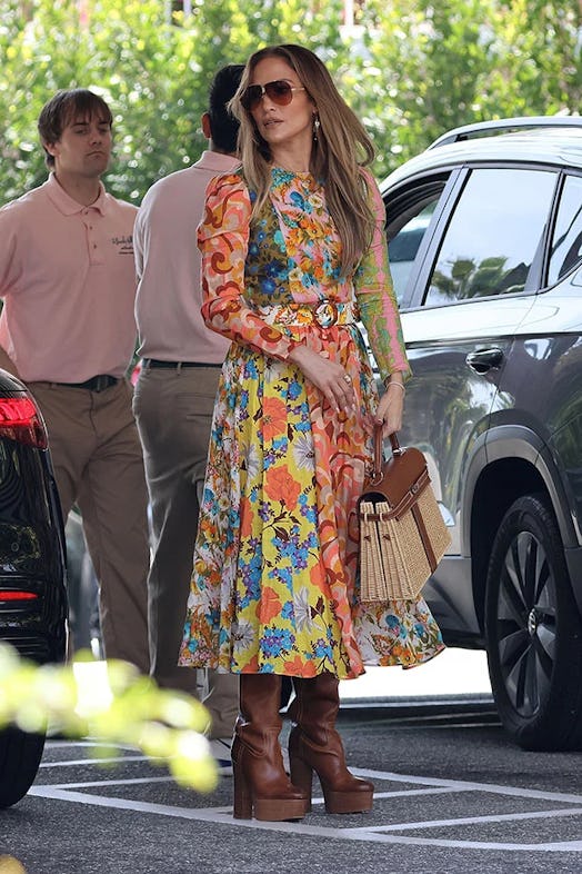 Jennifer Lopez wears a floral shirtdress while at the Beverly Hills Hotel.