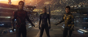 Paul Rudd, Kathryn Newton, and Evangeline Lilly stand in the Quantum Realm together in Ant-Man and t...