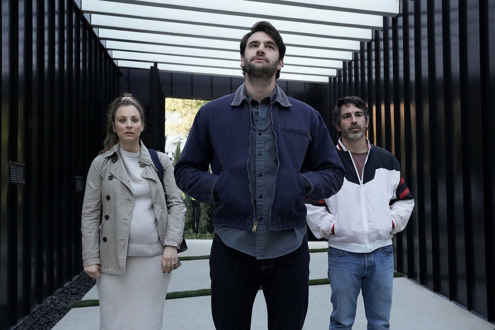 Kaley Cuoco, Tom Bateman, and Chris Messina in &lsquo;Based on a True Story.&rsquo; Photo via Peacock