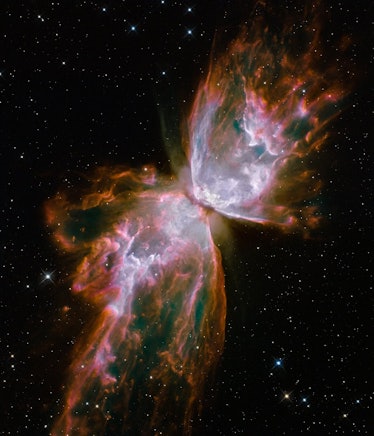 Broad wings of expelled dust and gas make this object look like a butterfly. The long wisps and eleg...