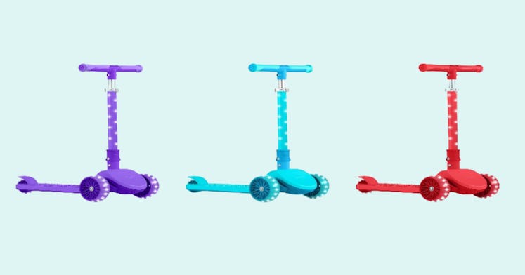 three Jetson Nova and Star 3-Wheel Kick Scooters in three different colors: purple, blue, and red