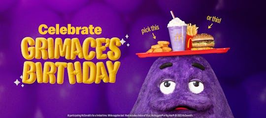 Grimace celebrates his birthday with a purple shake.