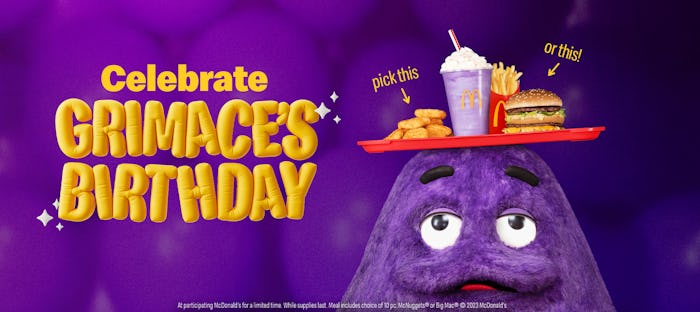Grimace celebrates his birthday with a purple shake.