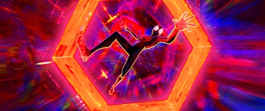 Miles Morales falls through a multiversal portal in Spider-Man: Across the Spider-Verse.