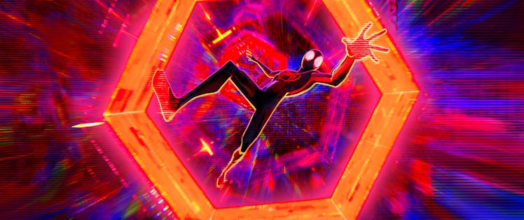Miles Morales falls through a multiversal portal in Spider-Man: Across the Spider-Verse.