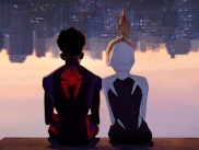 Miles Morales and Gwen Stacy hang upside down together in Spider-Man: Across the Spider-Verse