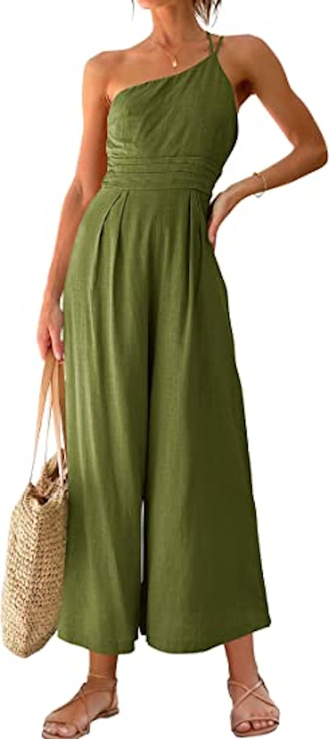 This flowy jumpsuit has a chic one-shoulder design and a wide leg that's both flowy and comfortable.