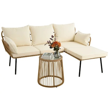 L-Shaped Patio Sofa, All-Weather Wicker Patio Conversation Set with Tempered Glass Table & Cushions