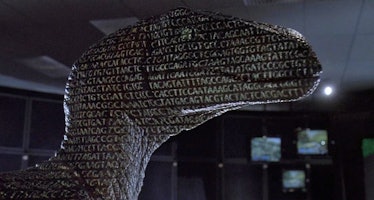 A Raptor stands in front of a projector light in Jurassic Park