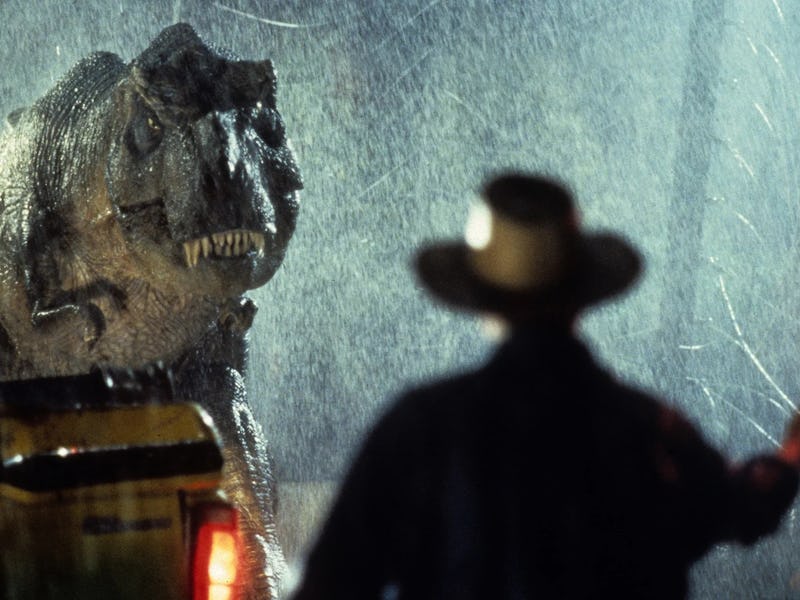 A t-rex stares down Dr. Alan Grant (Sam Neill) in 1993's Jurassic Park