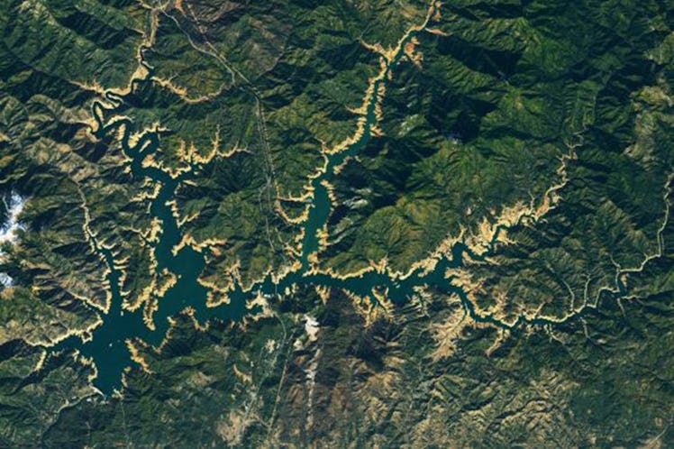 A much smaller Shasta Lake, as seen on as seen on November 18, 2022 by the Operational Land Imager (...