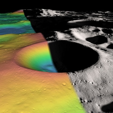 image of a crater on the moon, split into shades of gray on the right and a false-color elevation ma...