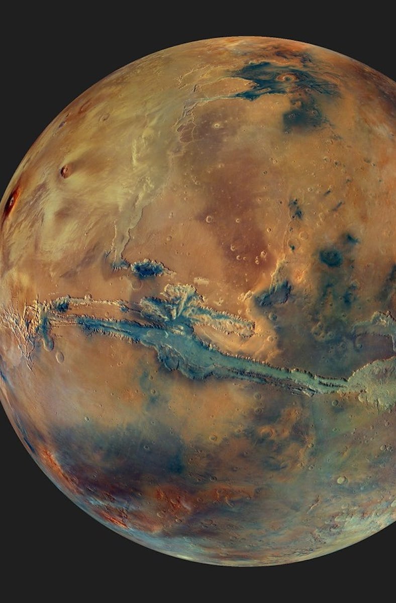 Color mosaic image of Mars, taken by the HRSC instrument aboard the ESA's Mars Express orbiter.