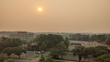 color photo of low buildings, trees, and a parking lot all covered in orange and brown haze with a f...