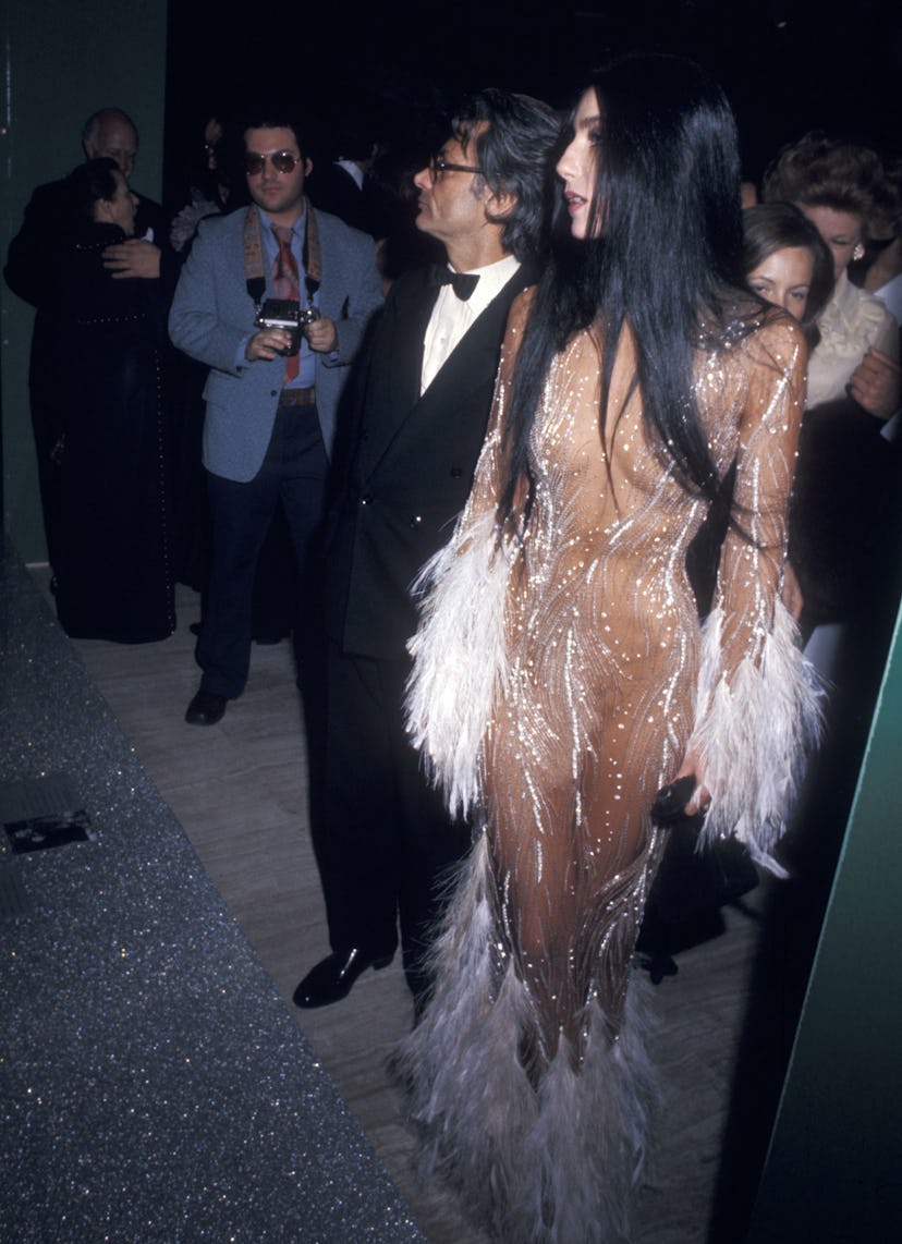 Cher wears a revealing dress with white feathers to attend the Met Gala with photographer Richard Av...