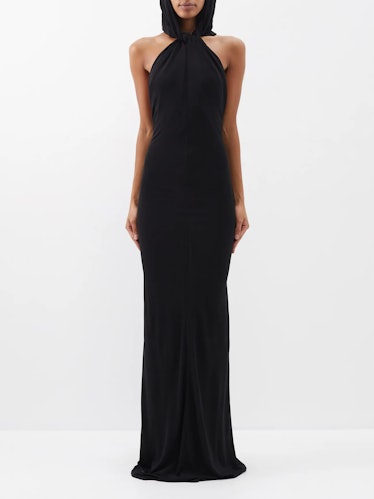 Halterneck Hood Backless Crepe Gown