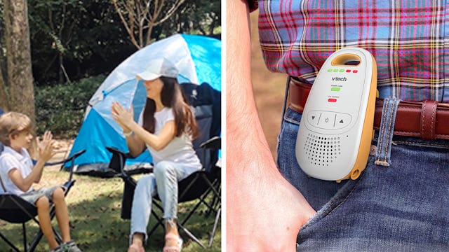 Family camping with a baby monitor for keeping tabs on kids in tent.