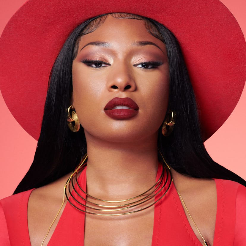 Megan Thee Stallion with red lipstick & eyeshadow.